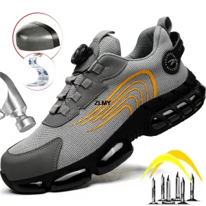 Rotary Buckle Work Sneakers Men Industrial Puncture-Proof Anti-smash Steel Toe Shoes Man Air Cushion Protective Safety Boots New