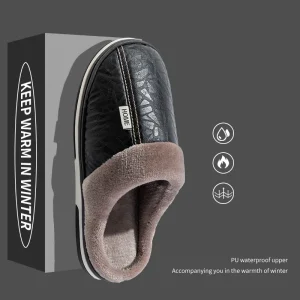 Men Slippers Winter New 2024 Keep Warm Plush PU Leather Waterproof Indoor Outdoor Walking Shoes Unisex Men Women Size 36-47