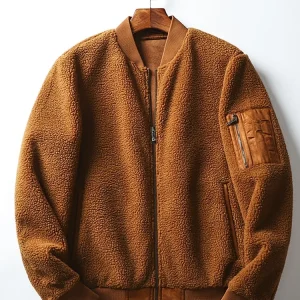 Fashion Mens Imitation Lamb Wool Bomber Jacket Slim Fit Spring Autumn Work Cargo Coat Man Stand Collar Faux Suede Leather Jacket