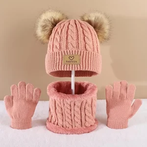Toddler Kids Pom Pom Decor Beanie & Infinity Scarf & Gloves Boys Girls Winter Warm Suit