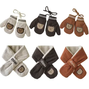 2Pcs Winter Kids Scarfs Gloves Set Corduroy Faux Lamb Wool Baby Neck Warmer Mittens Suit Bear Warm Children Gloves Set 1-4Y