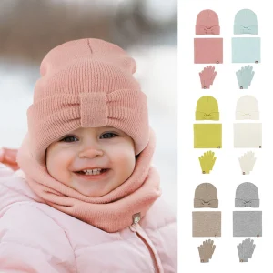 Cute Bow Baby Hat Scarf Glove Sets Winter Warm Knitted Hat Children's Hats Scarf Set Infant Kids Beanie Caps with Neck
