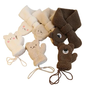 2PCS Baby Winter Scarf Gloves Set Lamb Wool Thick Kids Scarves Mittens Suit for Girl Boy Cartoon Bear Bunny Children Neck Warmer